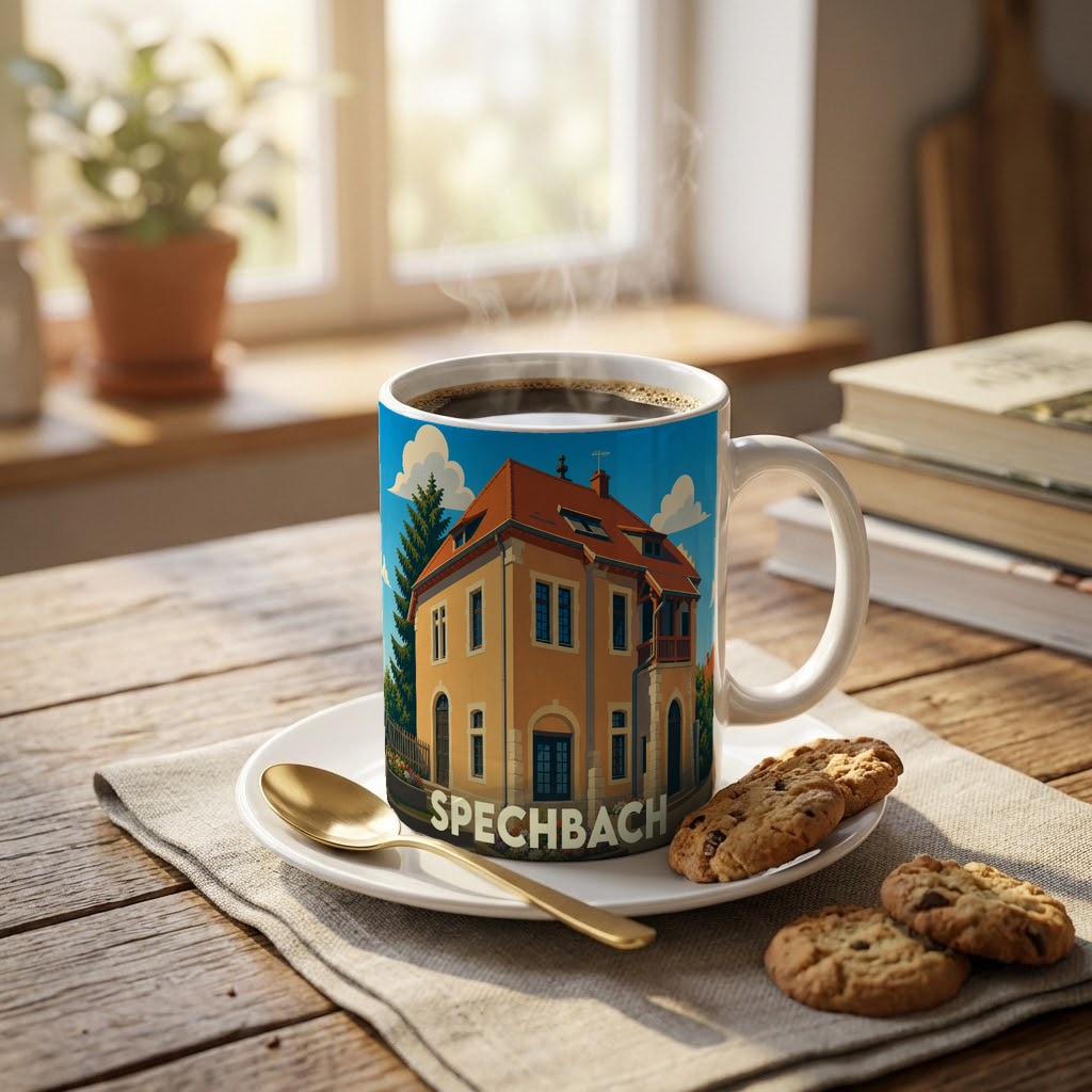 Mug souvenir de la ville de Spechbach avec une illustration stylisée d'un bâtiment traditionnel.