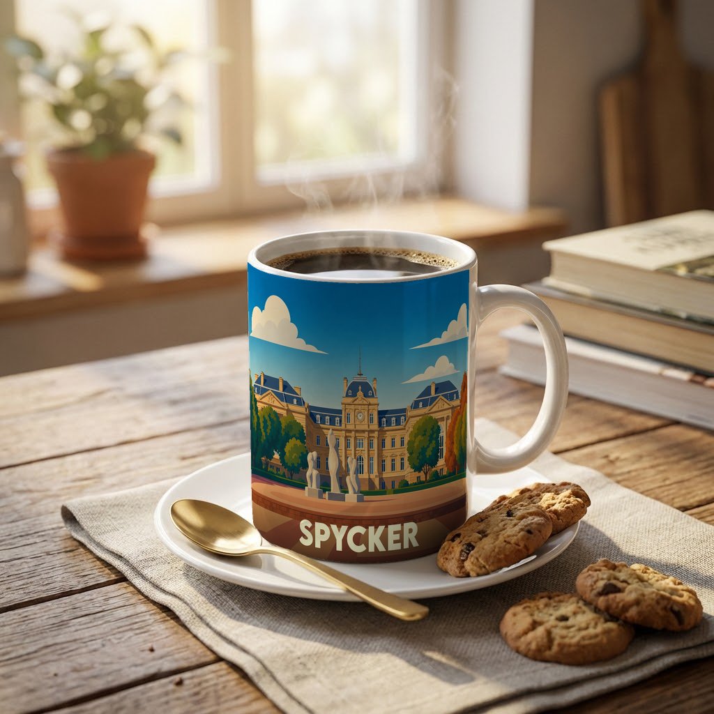 Mug souvenir de la ville de Spycker avec une illustration stylisée d'un bâtiment historique.