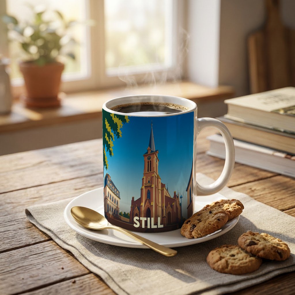 Mug souvenir de la ville de Still orné d'une illustration stylisée de son église.