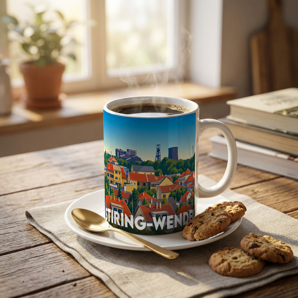 Mug souvenir de la ville de Stiring-Wendel avec une illustration stylisée et colorée du paysage urbain.
