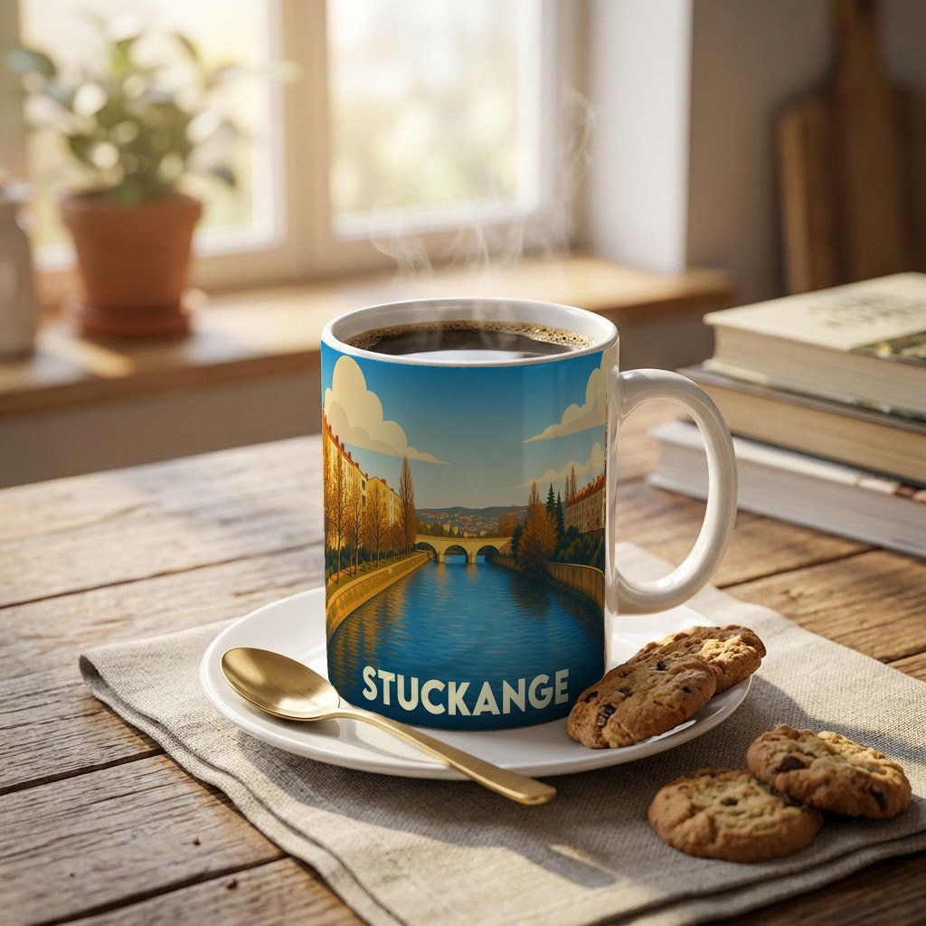 Mug souvenir de la ville de Stuckange orné d'une illustration stylisée d'un canal et de son pont.