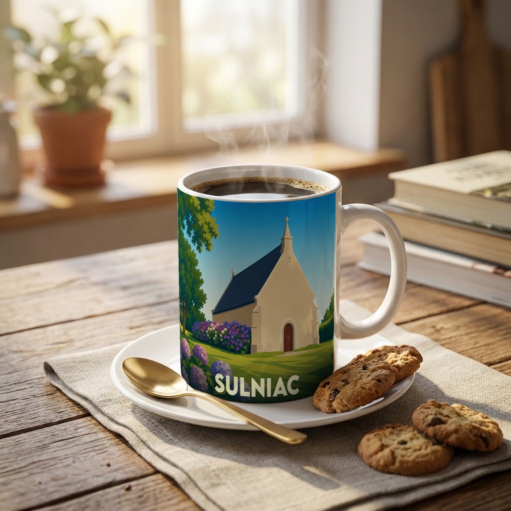 Mug souvenir de la ville de Sulniac orné d'une illustration stylisée de sa chapelle et de fleurs.