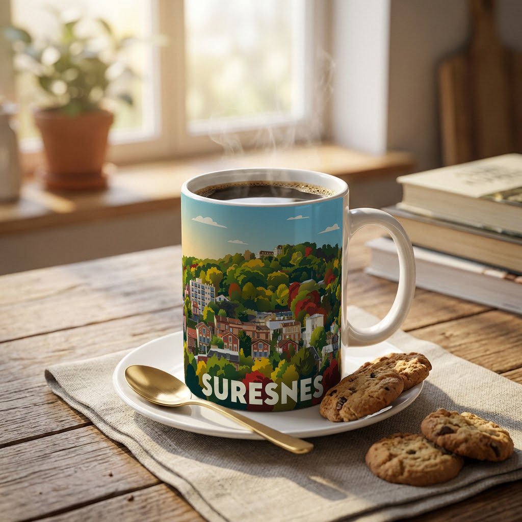 Mug souvenir de la ville de Suresnes avec une illustration colorée et stylisée.