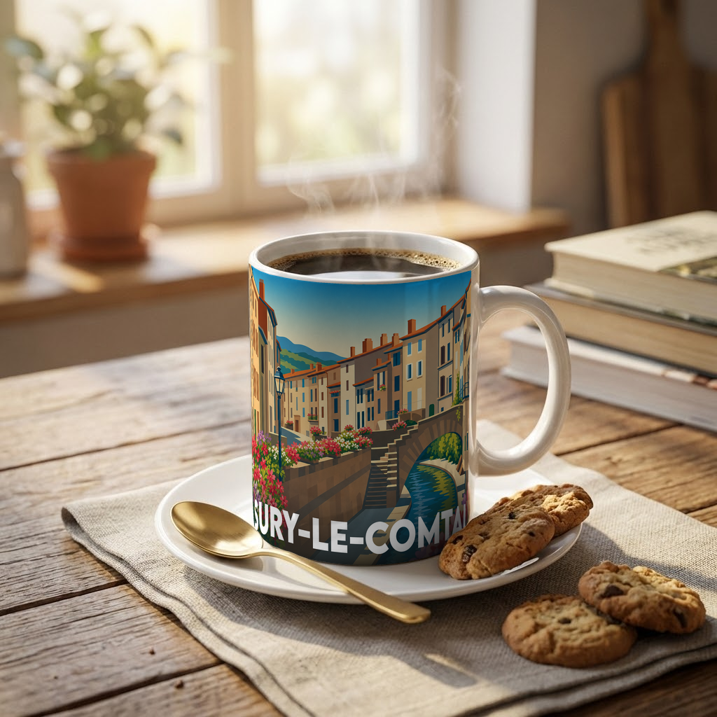 Mug souvenir de la ville de Sury-le-Comtal avec une illustration stylisée.