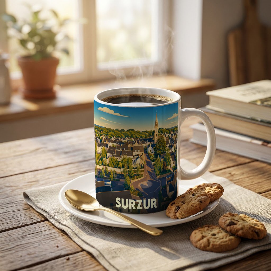 Mug souvenir de la ville de Surzur avec une illustration stylisée d'un paysage urbain.