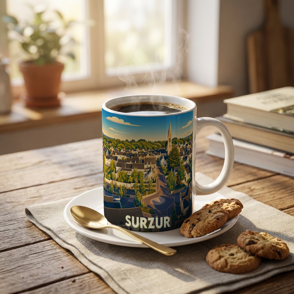 Mug souvenir de la ville de Surzur avec une illustration stylisée d'un paysage urbain.