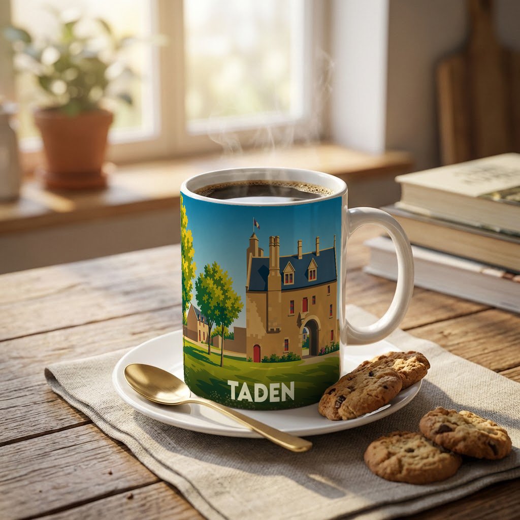 Mug souvenir de la ville de Taden avec une illustration stylisée d'un manoir historique.