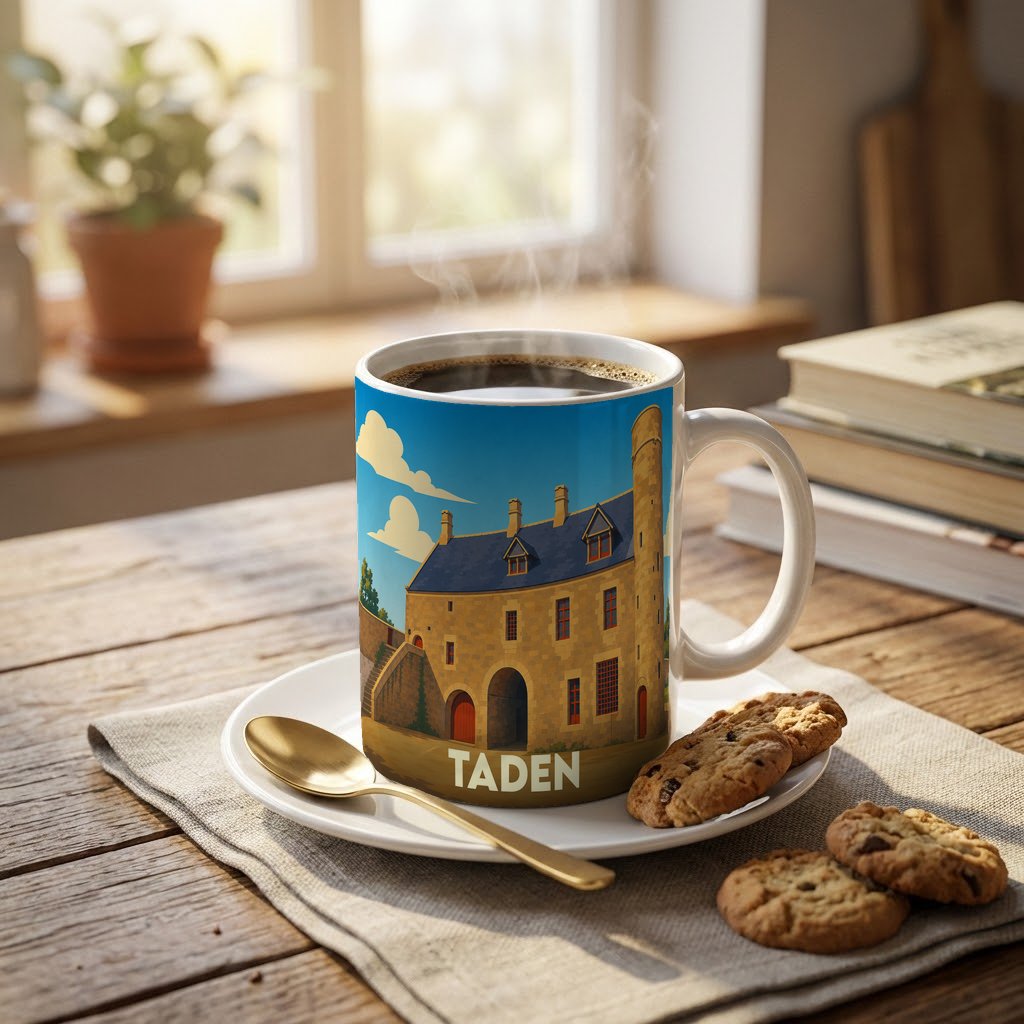 Mug souvenir de la ville de Taden avec une illustration stylisée d'un manoir historique.
