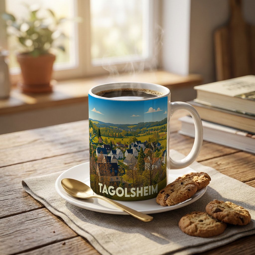 Mug souvenir de la ville de Tagolsheim avec une illustration stylisée d'un paysage de campagne.