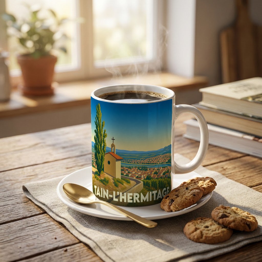 Mug souvenir de la ville de Tain-l'Hermitage avec une illustration stylisée.