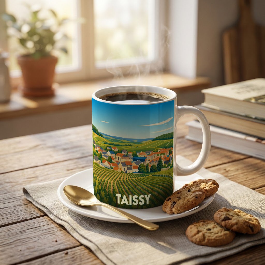 Mug souvenir de la ville de Taissy illustré par un paysage de vignobles et de maisons.