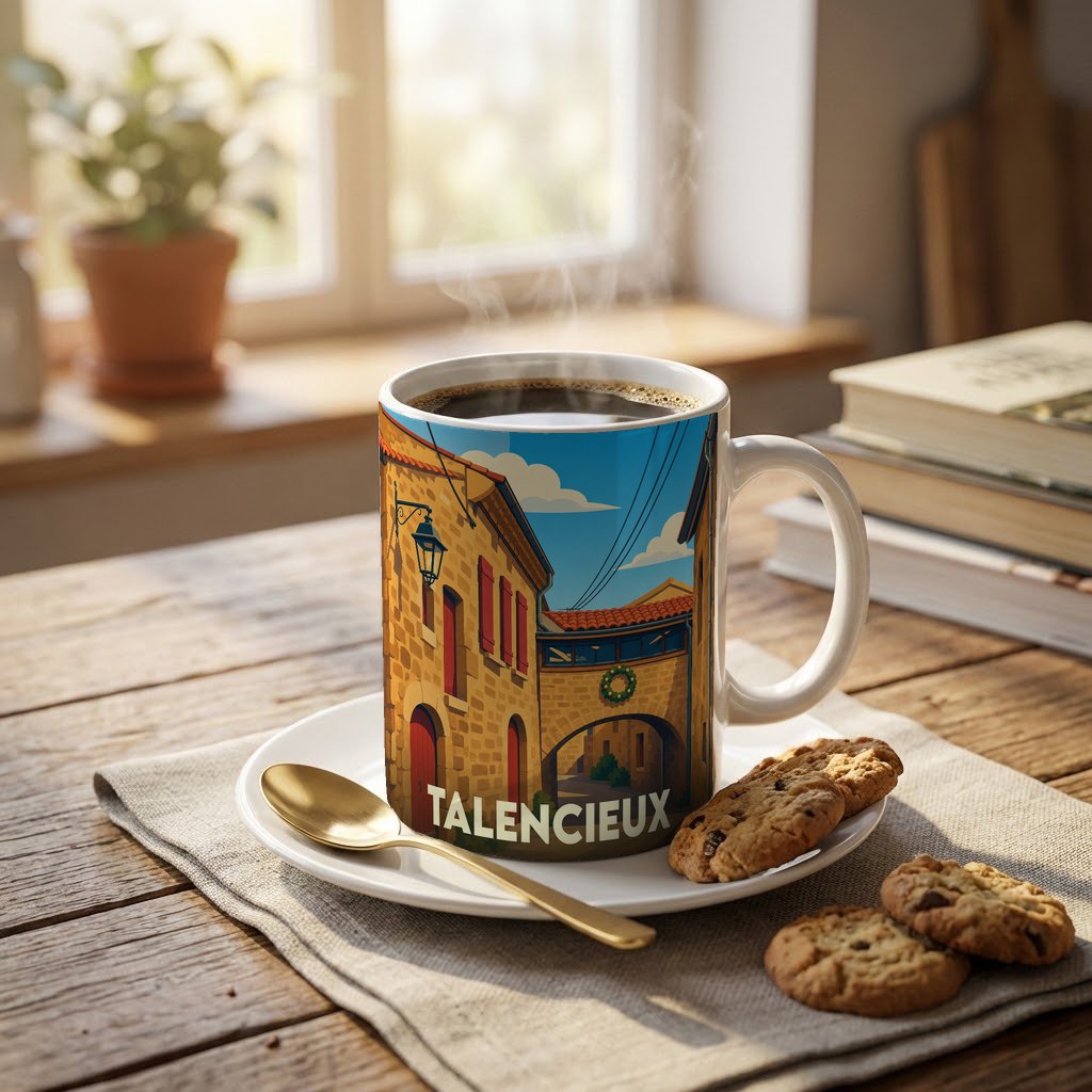 Mug souvenir de la ville de Talencieux avec une illustration stylisée de ses rues et bâtiments historiques.