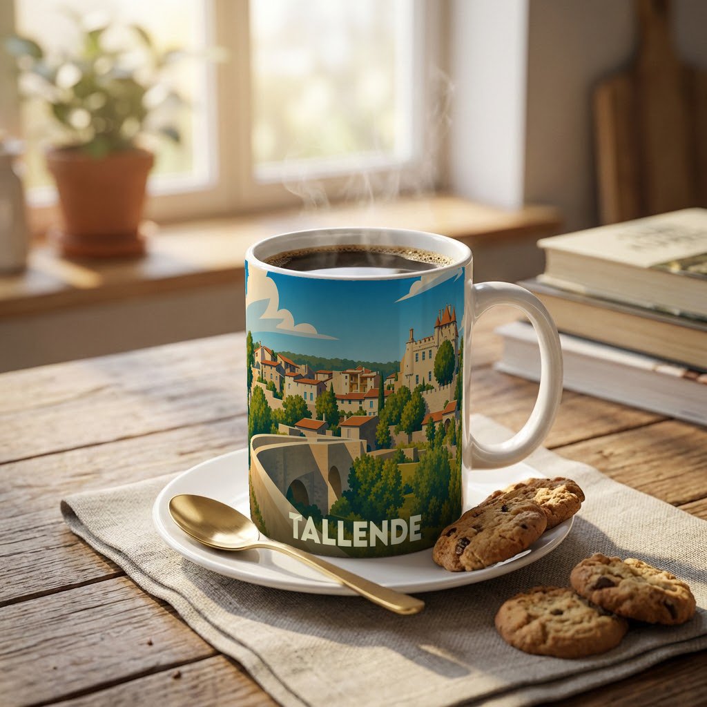 Mug souvenir de la ville de Tallende orné d'une illustration stylisée de son pont et de son château.