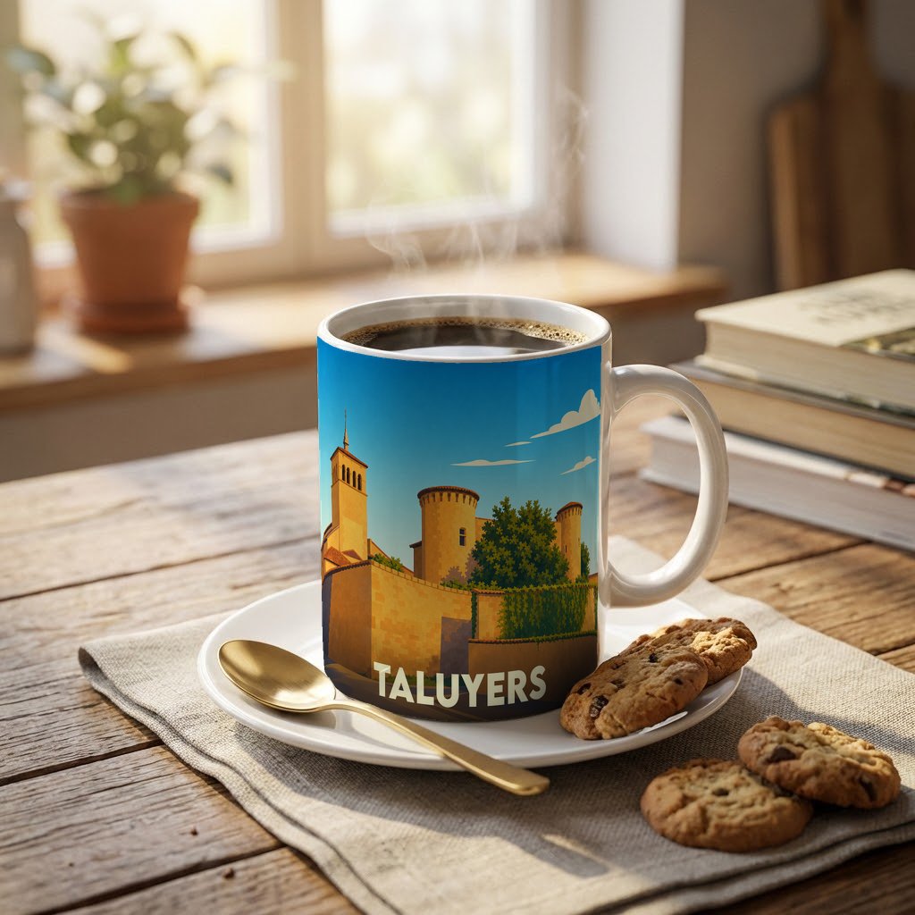 Mug souvenir de la ville de Taluyers avec une illustration stylisée de son patrimoine.