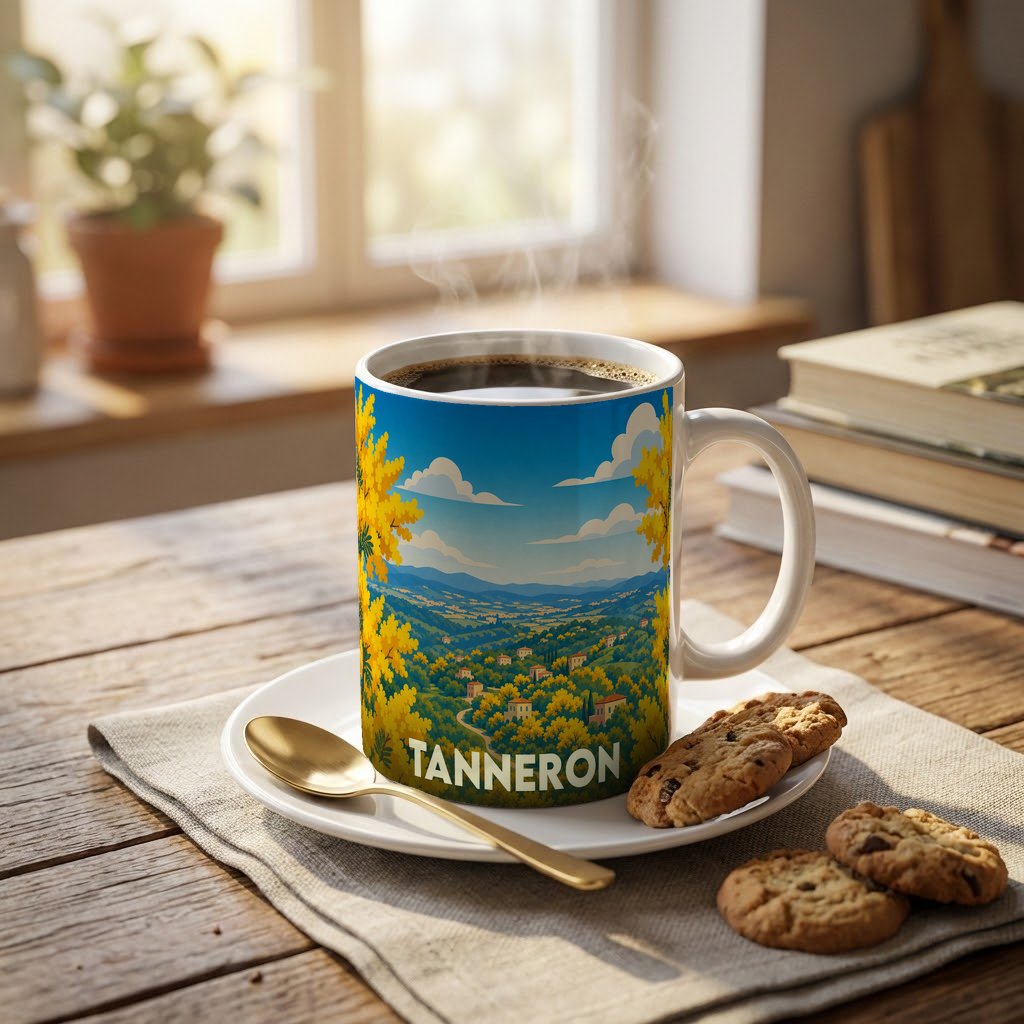 Mug souvenir de la ville de Tanneron orné d'une illustration stylisée de paysages de mimosas en fleurs.