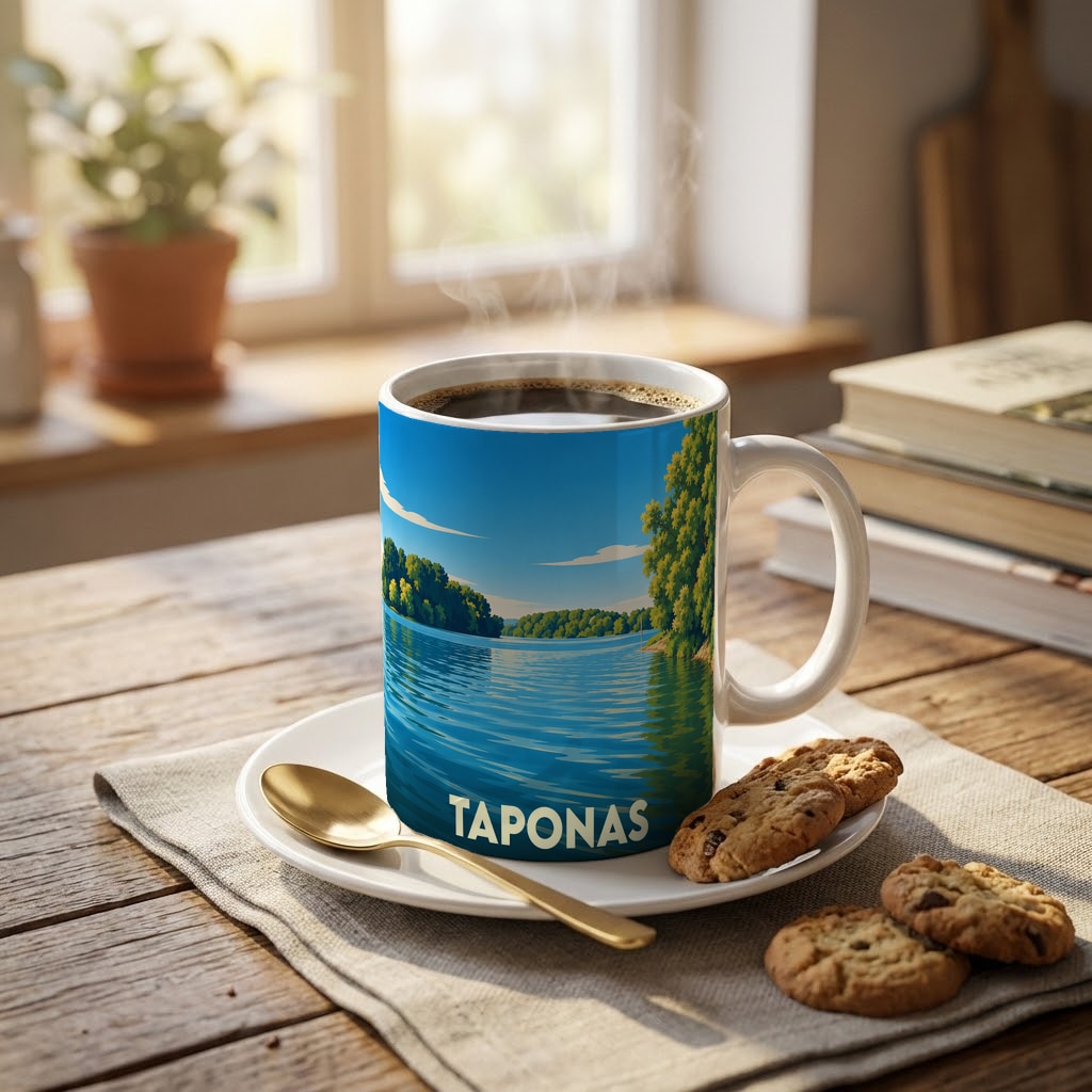 Mug souvenir de la ville de Taponas avec une illustration stylisée d'un paysage de bord d'eau.