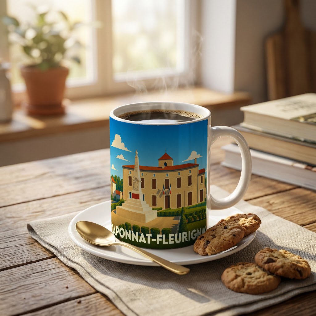 Mug souvenir de la ville de Taponnat-Fleurignac avec une illustration stylisée de sa mairie.