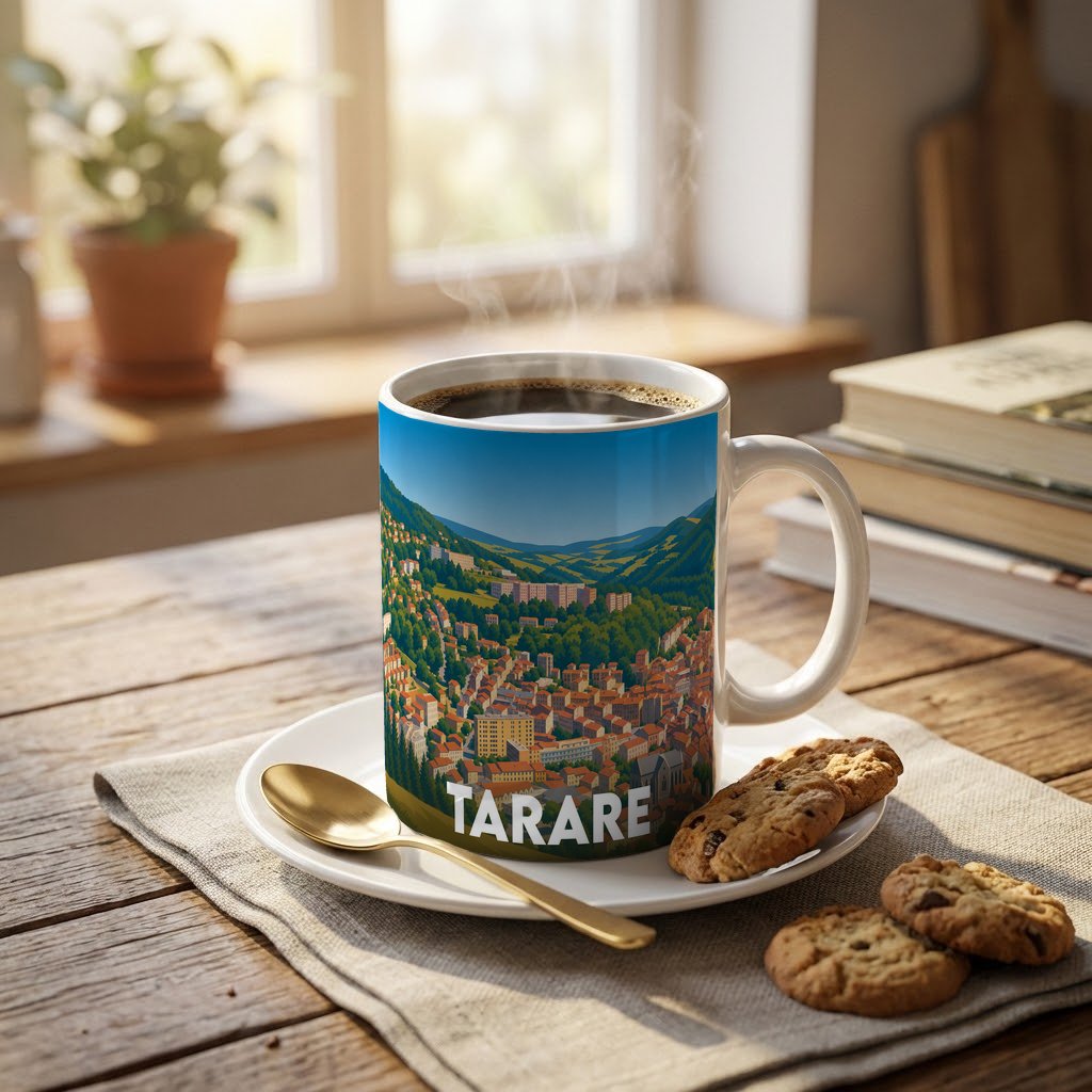 Mug souvenir de la ville de Tarare orné d'une illustration panoramique colorée.