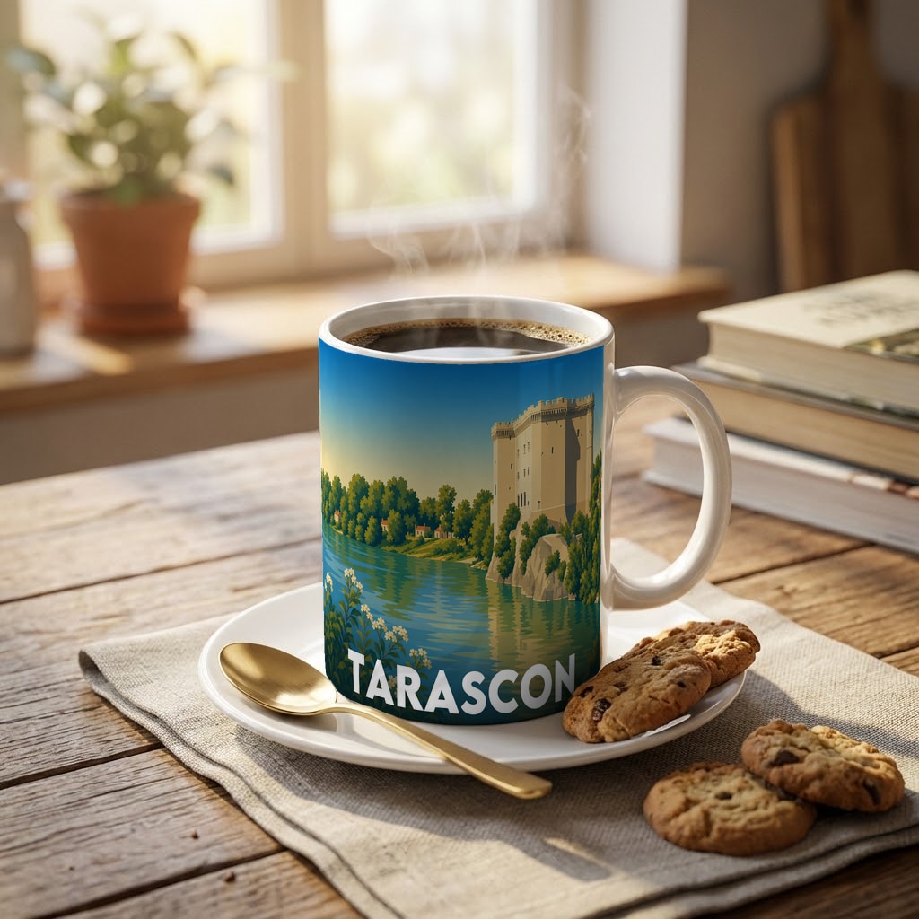 Mug souvenir de la ville de Tarascon avec une illustration stylisée de son château au bord du fleuve.