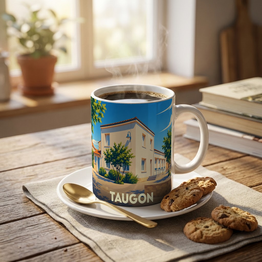 Mug souvenir de la ville de Taugon avec une illustration stylisée d'une maison ensoleillée.