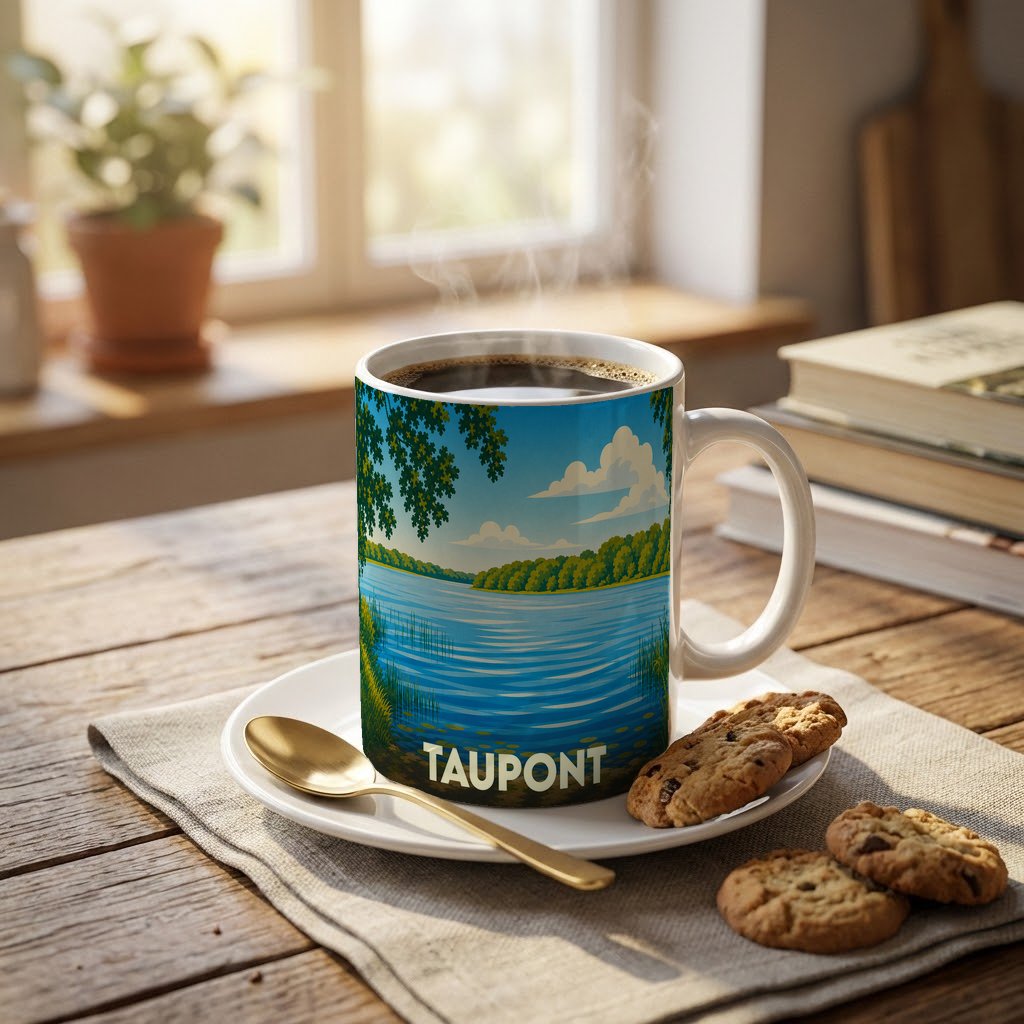 Mug souvenir de la ville de Taupont orné d'une illustration stylisée de son lac.