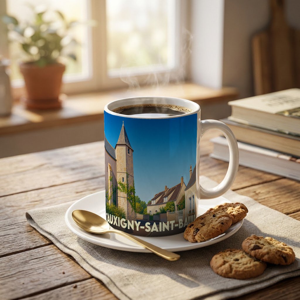 Mug souvenir de la ville de Tauxigny-Saint-Bauld orné d'une illustration stylisée de son architecture.