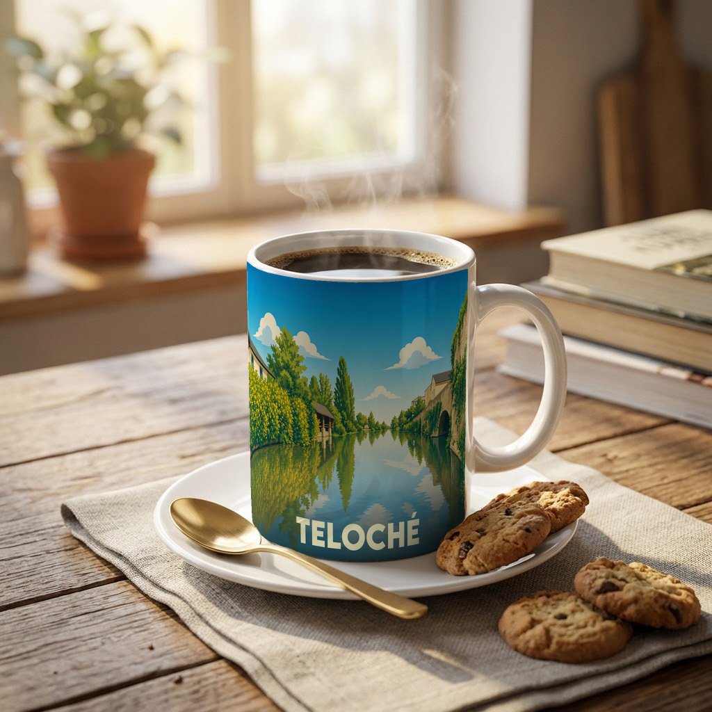 Mug souvenir de la ville de Teloché avec une illustration stylisée d'un paysage de rivière.