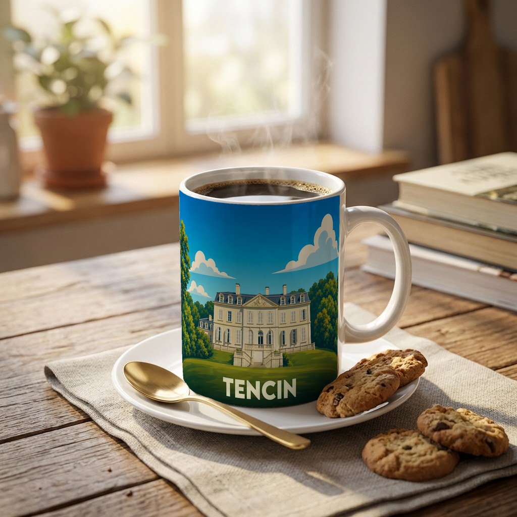 Mug souvenir de la ville de Tencin orné d'une illustration stylisée du château local.