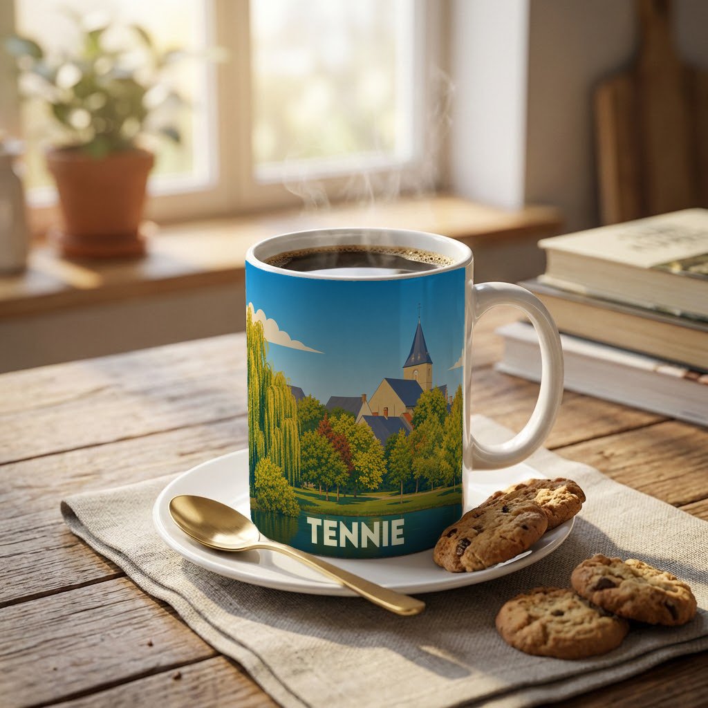Mug souvenir de la ville de Tennie illustré par un paysage arboré et son église.