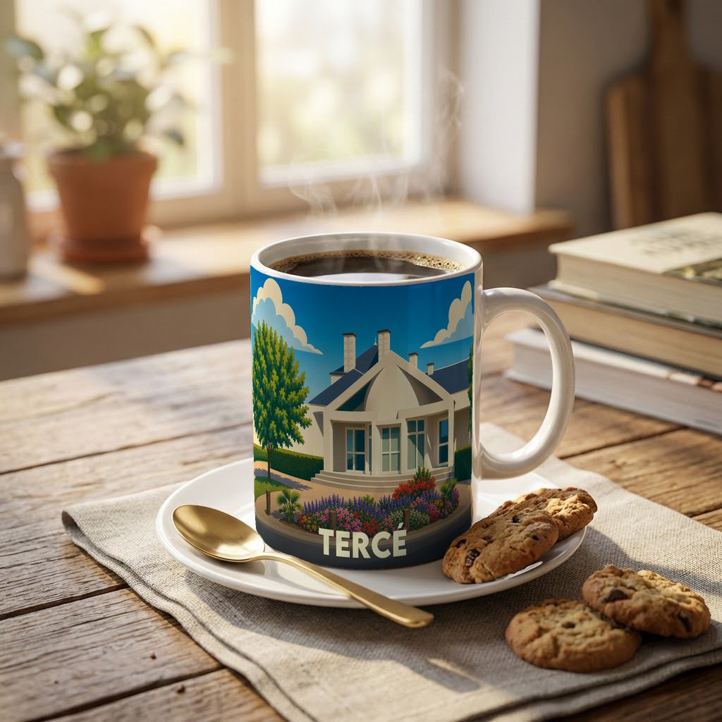 Mug souvenir de la ville de Tercé orné d'une illustration stylisée d'une maison sous un ciel bleu.
