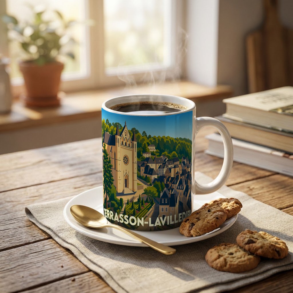 Mug souvenir de la ville de Terrasson-Lavilledieu avec une illustration stylisée.