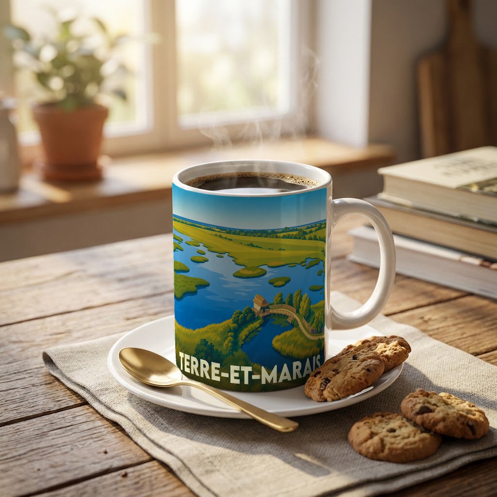 Mug souvenir de la ville de Terre-et-Marais avec une illustration stylisée d'un paysage de marais.