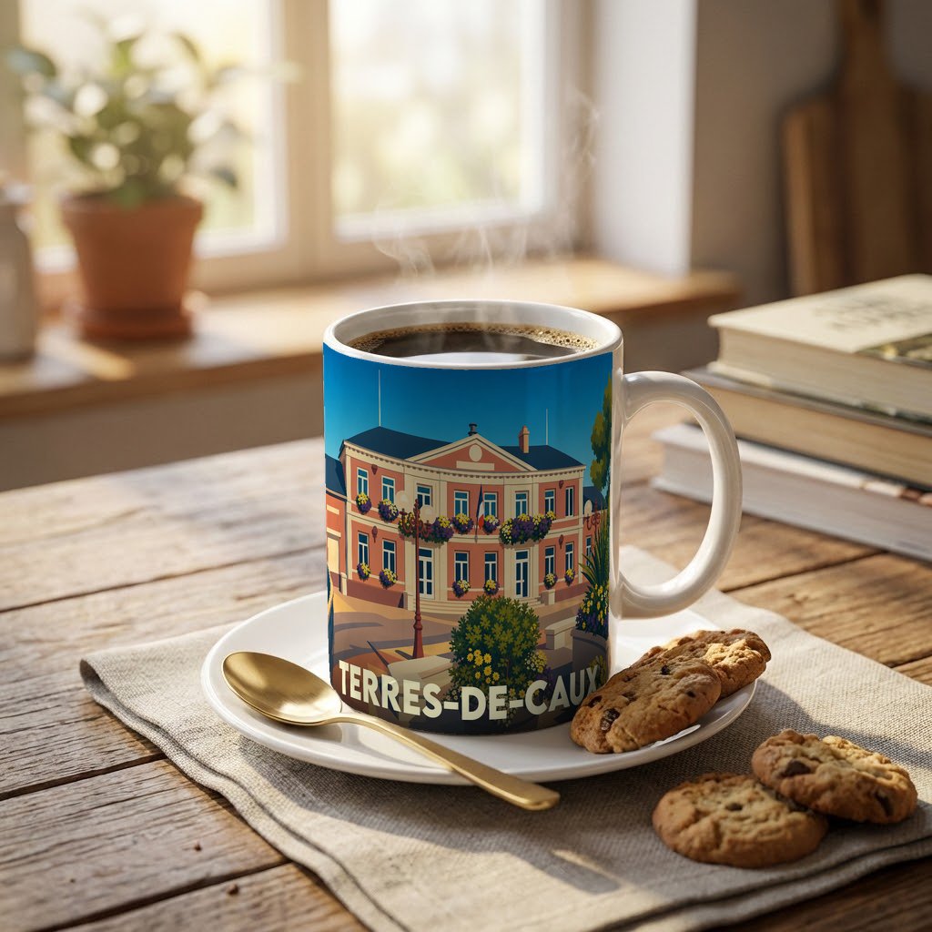 Mug souvenir de la ville de Terres-de-Caux orné d'une illustration colorée de l'hôtel de ville.