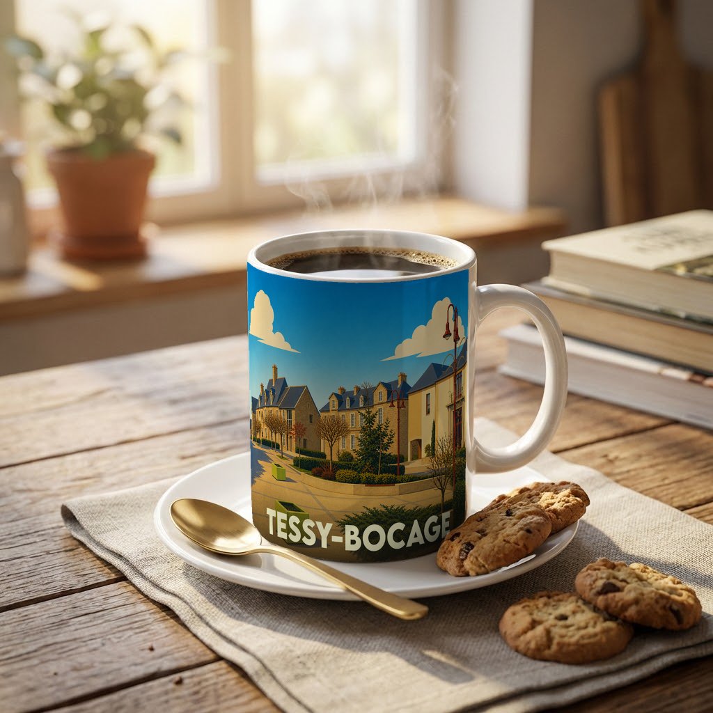 Mug souvenir de la ville de Tessy-Bocage orné d'une illustration stylisée de ses bâtiments sous un ciel bleu.