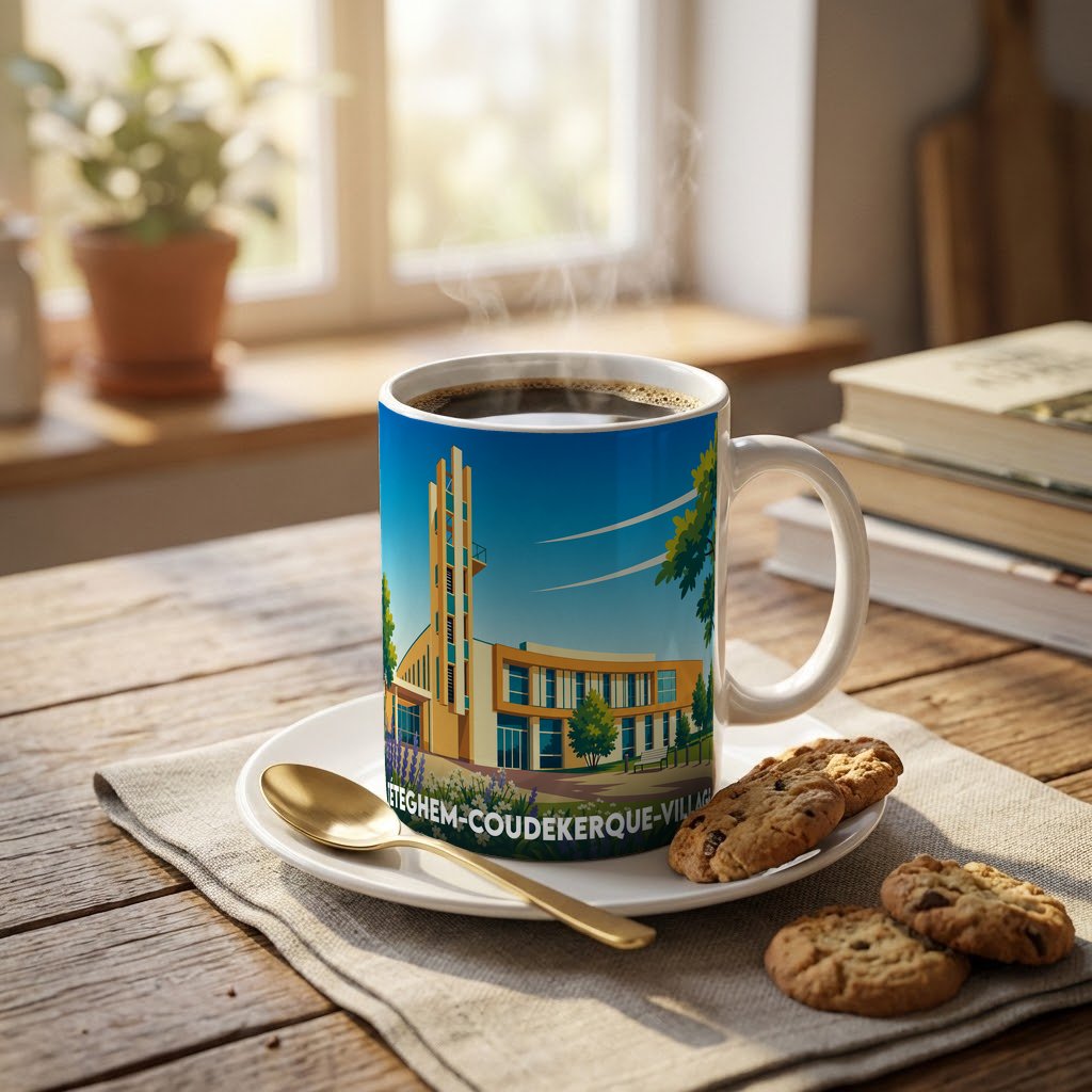 Mug souvenir de la ville de Téteghem-Coudekerque-Village avec une illustration stylisée de son architecture.