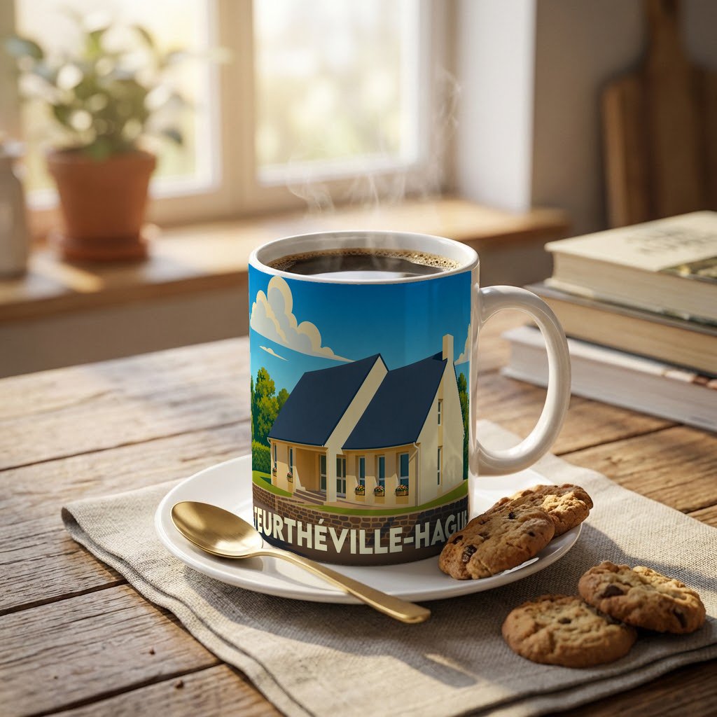 Mug souvenir de la ville de Teurthéville-Hague orné d'une illustration stylisée d'une maison normande.