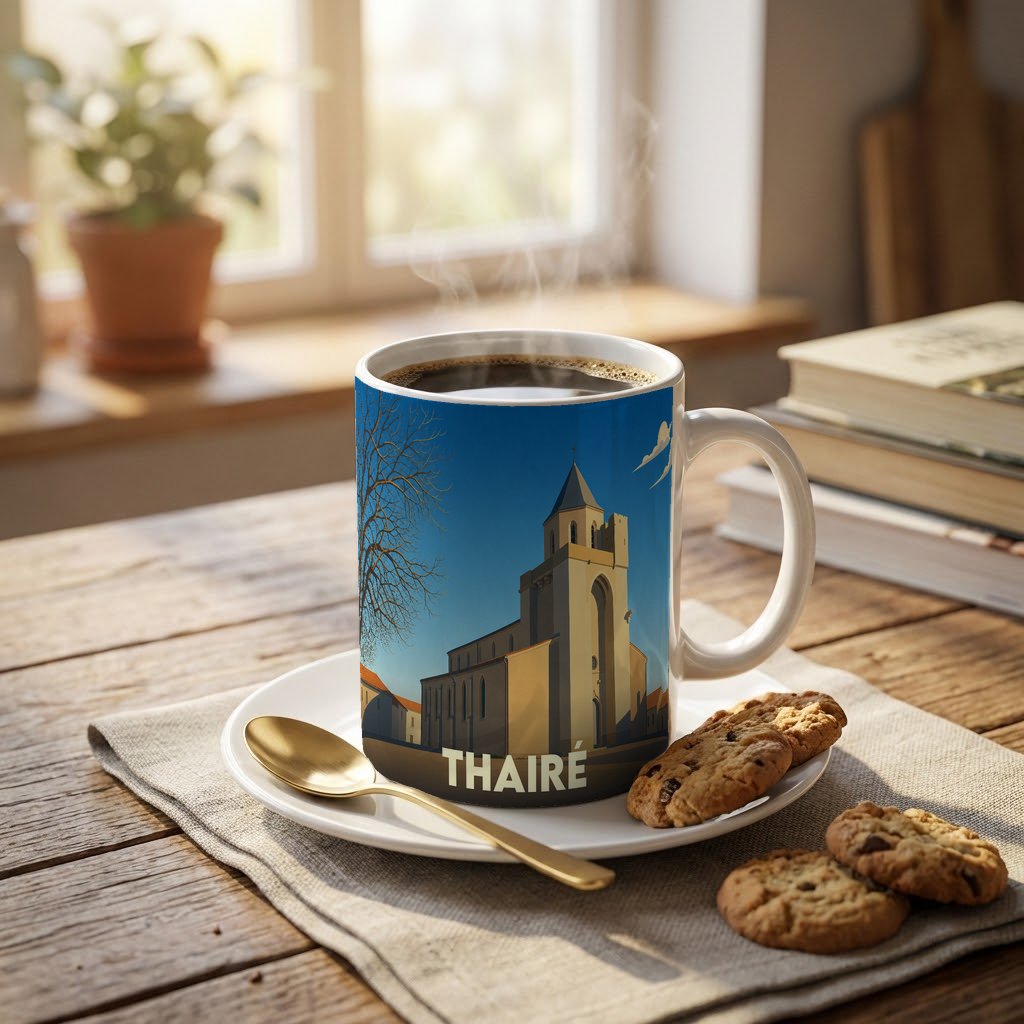 Mug souvenir de la ville de Thairé orné d'une illustration stylisée de son église.