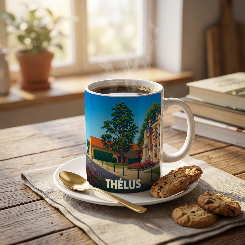 Mug souvenir de la ville de Thélus orné d'une illustration colorée et stylisée de ses paysages.