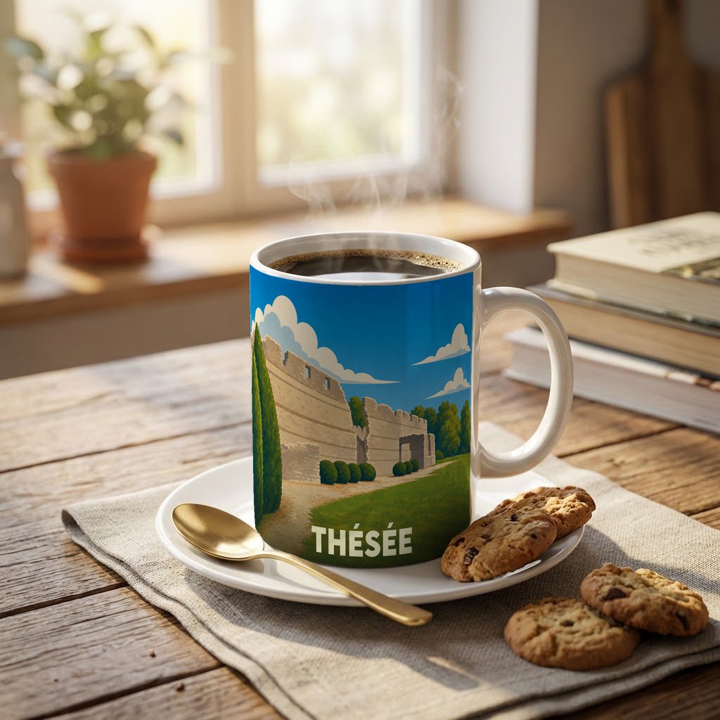 Mug souvenir de la ville de Thésée orné d'une illustration stylisée de ses vestiges antiques.