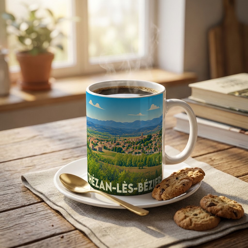 Mug souvenir de la ville de Thézan-lès-Béziers avec une illustration stylisée de son paysage vallonné.