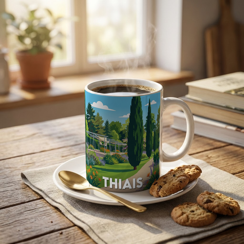 Mug souvenir de la ville de Thiais avec une illustration stylisée d'un parc arboré.