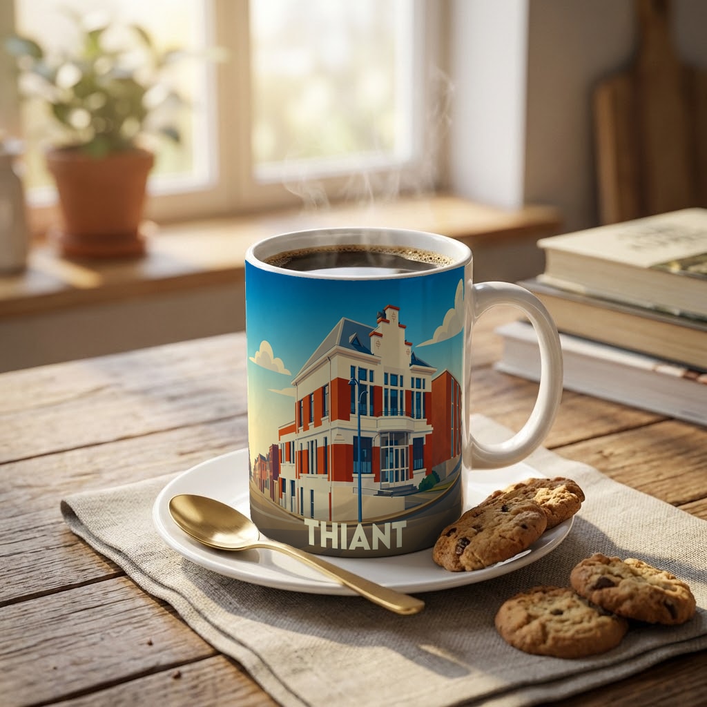 Mug souvenir de la ville de Thiant orné d'une illustration stylisée de son architecture.