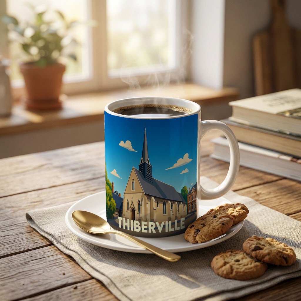 Mug souvenir de la ville de Thiberville avec une illustration stylisée de son église.
