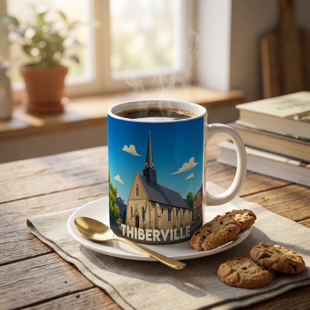 Mug souvenir de la ville de Thiberville avec une illustration stylisée de son église.