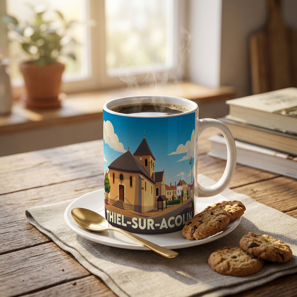 Mug souvenir de la ville de Thiel-sur-Acolin avec une illustration stylisée de son église.