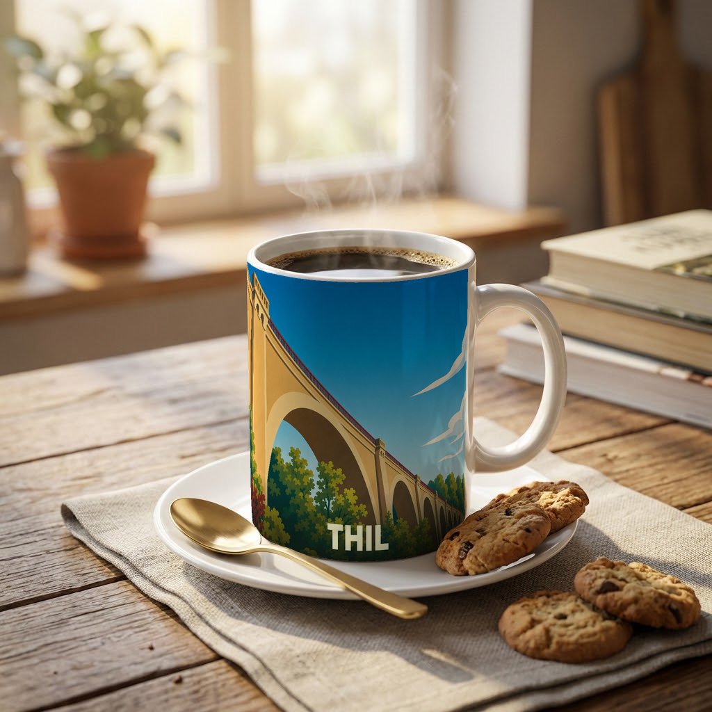 Mug souvenir de la ville de Thil illustré par un viaduc stylisé sous un ciel bleu.