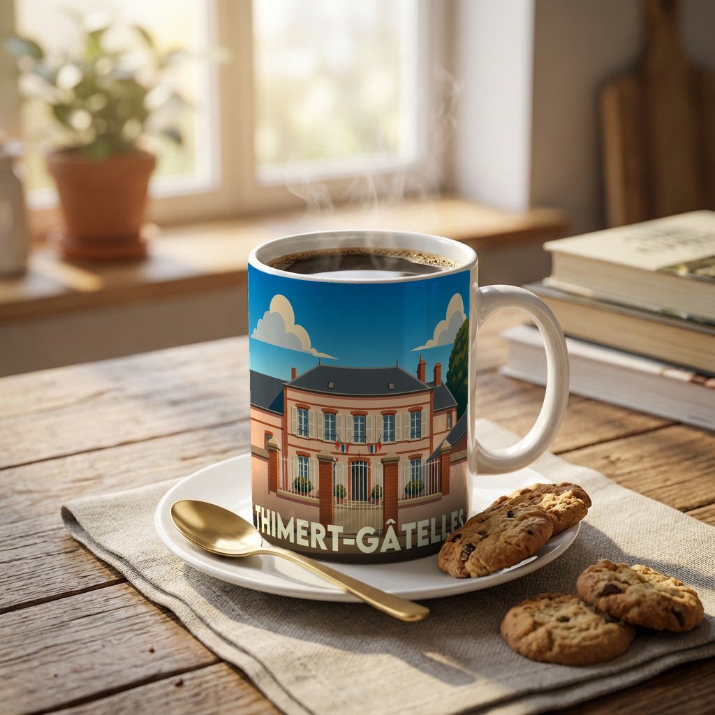 Mug souvenir de la ville de Thimert-Gâtelles avec une illustration stylisée de son hôtel de ville.
