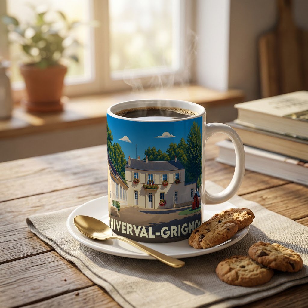 Mug souvenir de la ville de Thiverval-Grignon orné d'une illustration stylisée de son architecture.