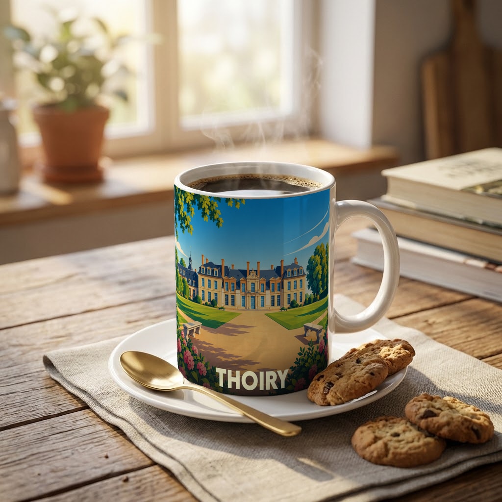 Mug souvenir de la ville de Thoiry avec une illustration stylisée de son château.