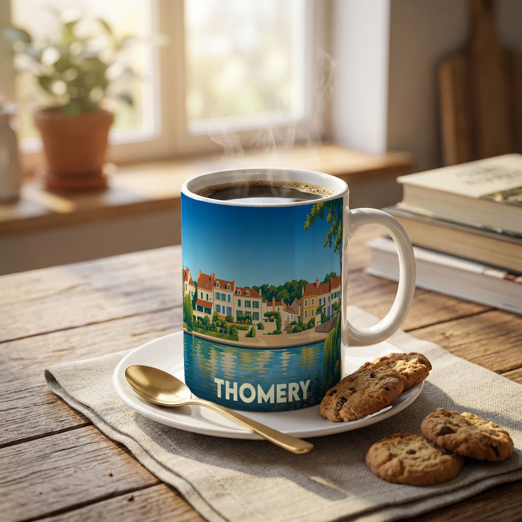 Mug souvenir de la ville de Thomery orné d'une illustration colorée des bords de Seine.